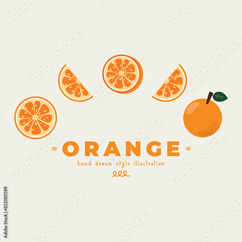 A minimal flat style doodle hand drawn vector illustration icon set of cute orange design. Whole, half, slice. For poster, sticker, banner, artwork, social media