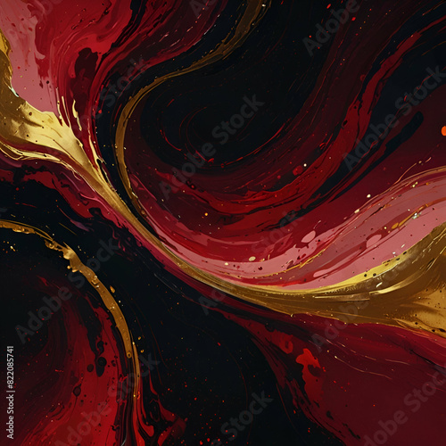 A painting with red, golds and black swirls, in the style of dark scarlet and light gold, minimalist backgrounds, use of precious materials, meticulous design, dark sanguine and pink, velvet - red  photo