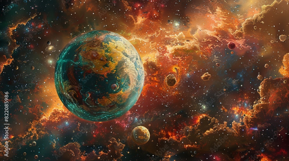 A detailed illustration of a planet with vibrant colors and intricate surface features, shown in orbit around its star, with a background filled with other celestial bodies