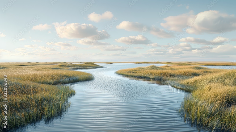 A panoramic shot of a coastal marshland, with reeds and grasses swaying in the wind, and waterways meandering through the flat terrain, showcasing the unique ecosystem