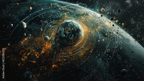 An artistic rendering of a planet surrounded by satellites and space debris, with an interactive map highlighting its orbital trajectory and the locations of various natura photo