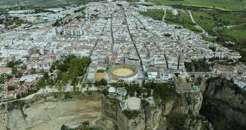 Aerial view of medieval city and cliff in Ronda, Andalusia, Spain.