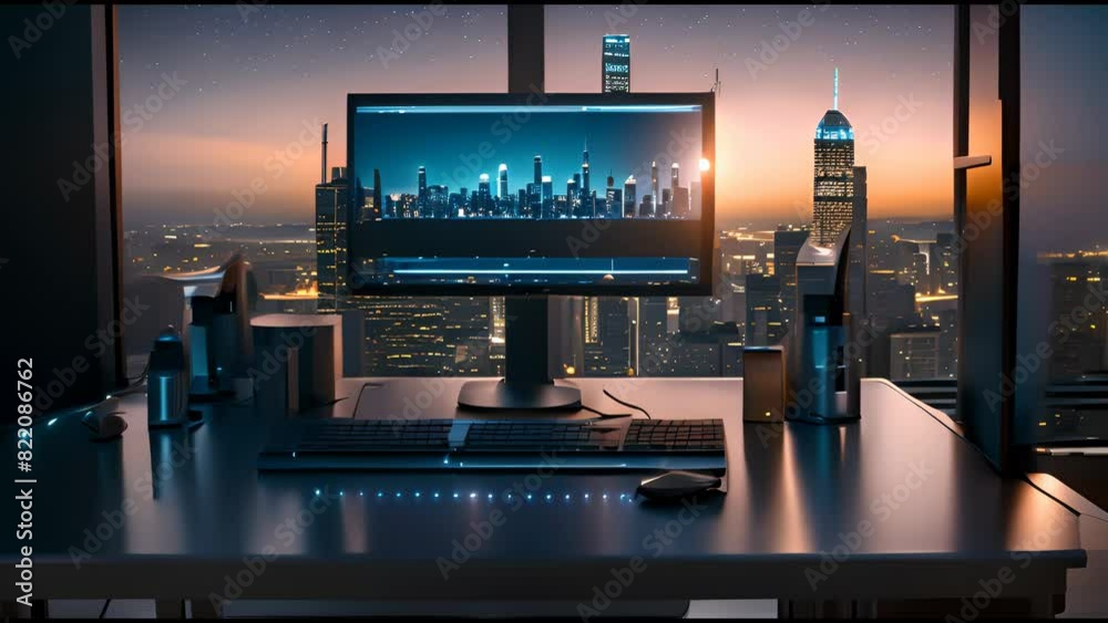 Desktop Computer With Modern Official Setup. Montor Showing Cityscape ...