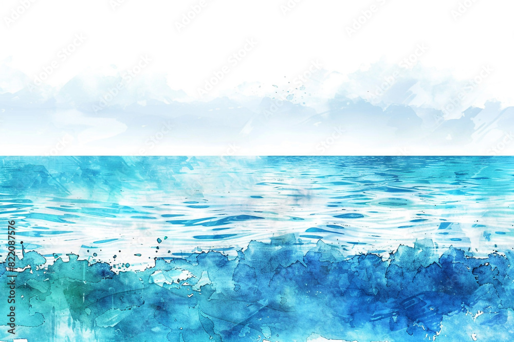 Tranquil seascape watercolor border on white, abstract water backdrop.