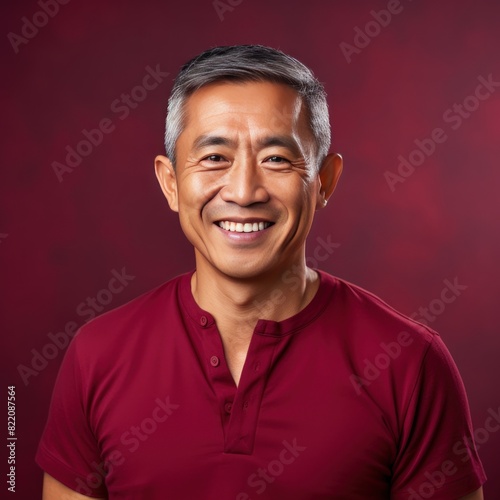 Maroon Background Happy asian man realistic person portrait of young teenage beautiful Smiling boy good mood Isolated on Background ethnic diversity equality 