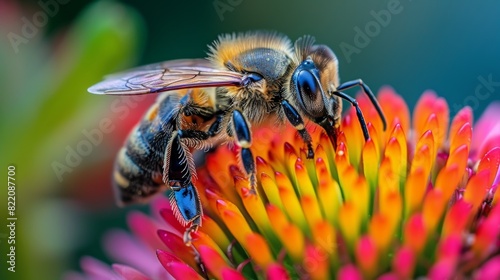 A detailed shot of a bee pollinating a colorful flower, capturing the symbiotic relationship between plants and insects in the biological process of pollination.
