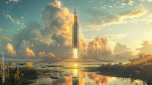 A rocket standing tall on its launch pad, ready for liftoff, photo