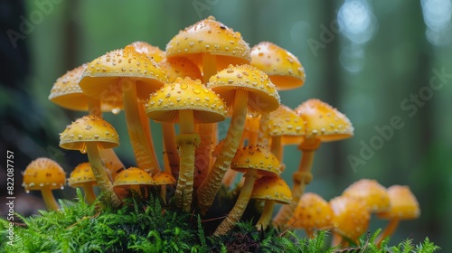 A close-up of a cluster of mushrooms growing on a forest floor, showcasing the intricate beauty and diversity of organic life forms in a natural habitat.