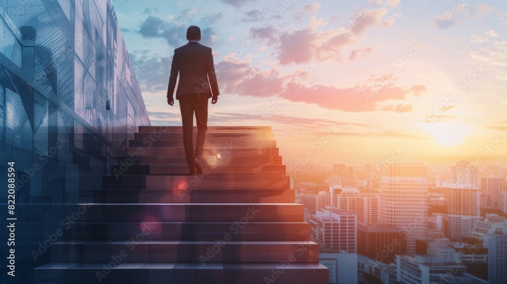 Back view of entrepreneur on career path, Professional growth, Career success, Business aspirations, Future journey Back view of entrepreneur on career path, Professional growth, Career success, Business aspirations, Future journey