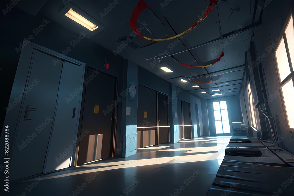 Φωτογραφία ゲーム背景風無人の建物廊下イラスト