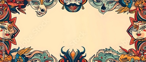 Colorful Chinese Opera Mask and Theatrical Props Doodle Print Border with Blank Space for Message