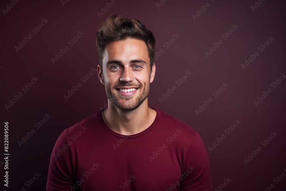 Maroon background Happy european white man realistic person portrait of young beautiful Smiling man good mood Isolated on Background Banner with copyspace blank empty copy space