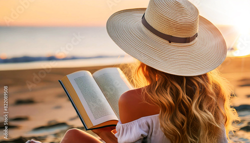 Close-up and rear view of a beautiful young blonde woman with a large white straw hat, reading a book sitting on the beach at sunset or sunrise. Beach holiday concept. Generative Ai.
