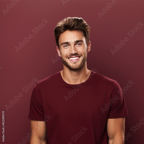 Maroon background Happy european white man realistic person portrait of young beautiful Smiling man good mood Isolated on Background Banner with copyspace 