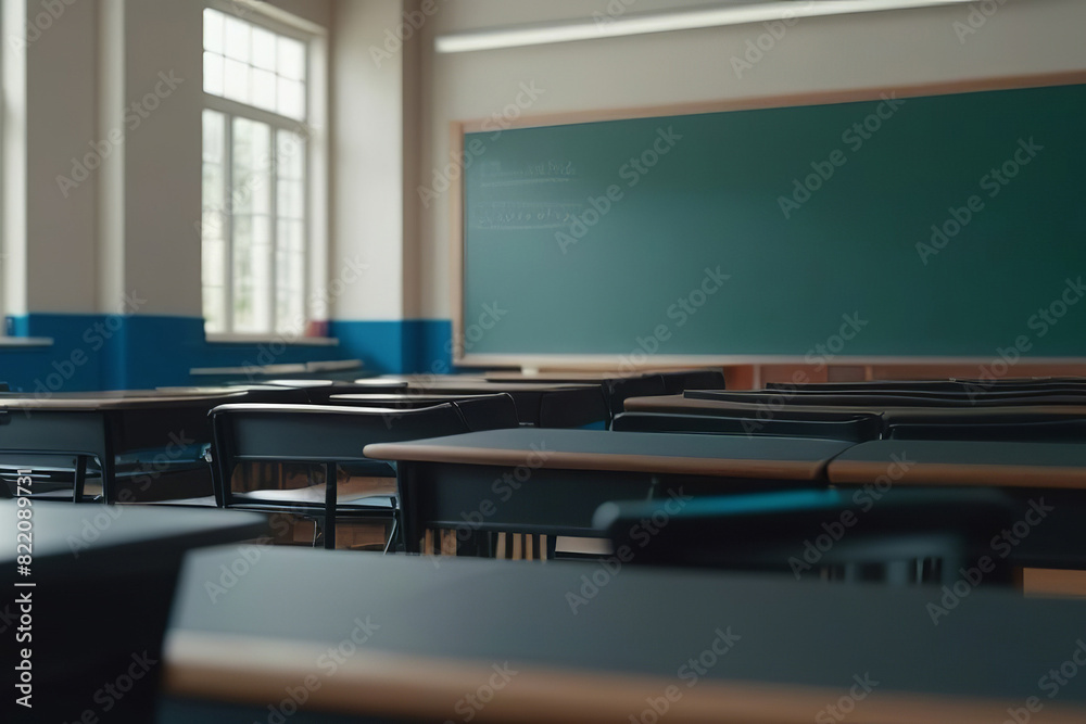 An empty classroom with rows of desks and chairs, a chalkboard, and large windows allowing natural light. The room is ready for students to begin their lessons. Back to school concept An empty classroom with rows of desks and chairs, a chalkboard, and large windows allowing natural light. The room is ready for students to begin their lessons. Back to school concept