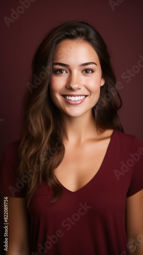 Maroon background Happy european white Woman realistic person portrait of young beautiful Smiling Woman Isolated on Background ethnic diversity 