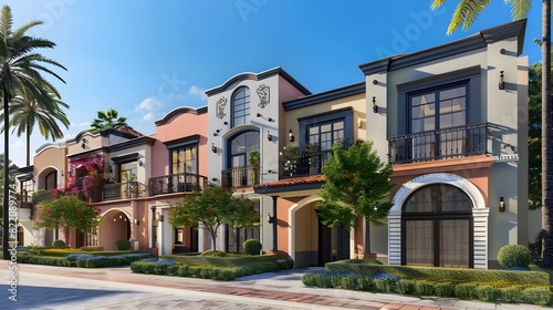 Colorful stucco finish traditional private townhouses. Residential architecture exterior. Created with generative Ai 