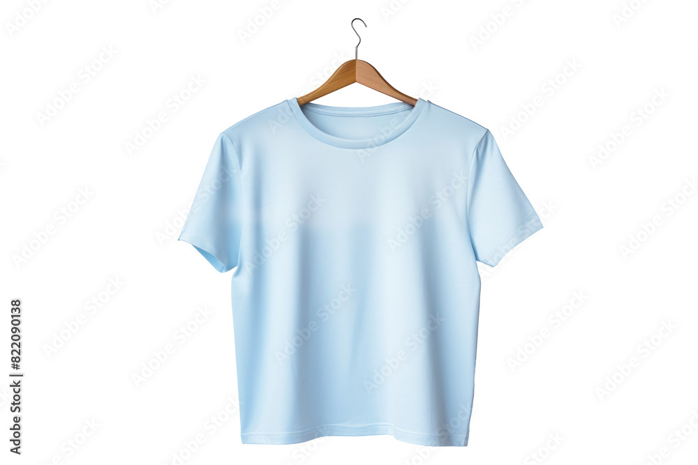 A light blue t-shirt hangs gracefully on a wooden hanger, embodying simplicity and elegance. Mockup for design. Isolated.