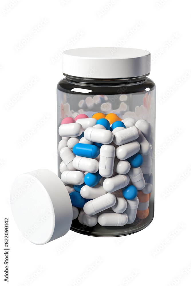 A glass jar overflowing with a multitude of colorful pills, creating a mesmerizing and overwhelming display. Mockup for design. Isolated. A glass jar overflowing with a multitude of colorful pills, creating a mesmerizing and overwhelming display. Mockup for design. Isolated.