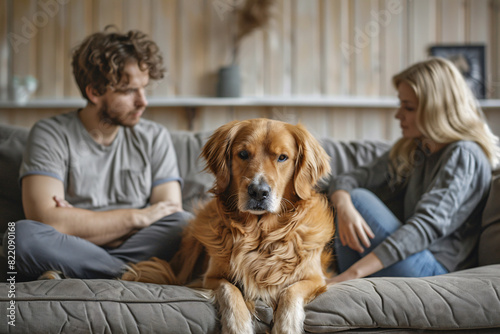 A dog in between an arguing couple, divorce pet