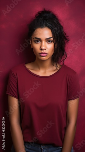 Maroon background sad black independent powerful Woman. Portrait of young beautiful bad mood expression girl Isolated on Background racism skin color depression  © Zickert