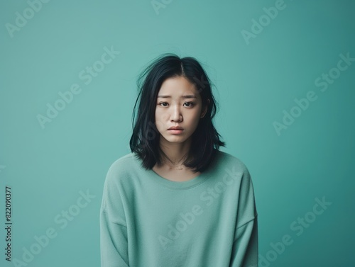 Mint background sad Asian Woman Portrait of young beautiful bad mood expression Woman Isolated on Background depression anxiety fear burn out health issue problem mental © Zickert