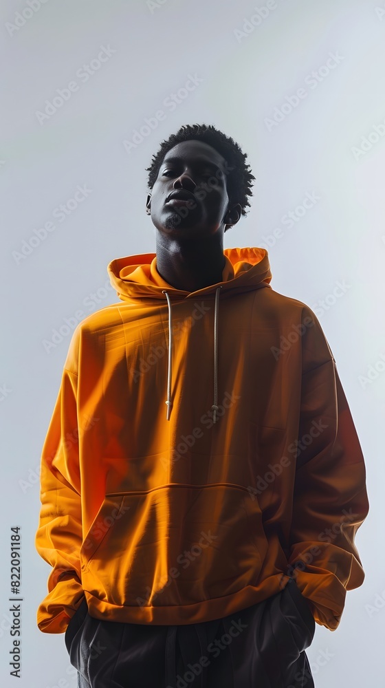 Model with an orange sweatshirt in an indoor shooting with urban style. Concept: fashion Model with an orange sweatshirt in an indoor shooting with urban style. Concept: fashion