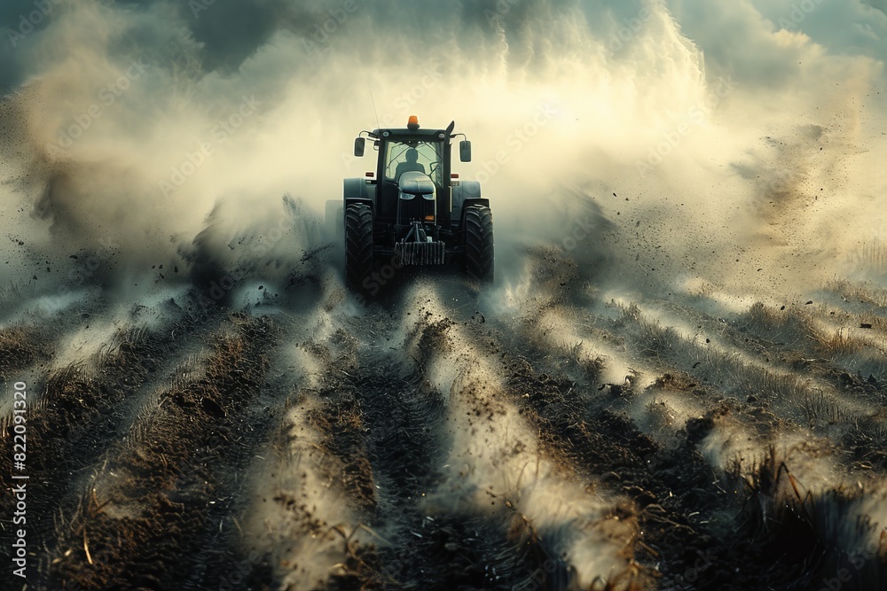 Fototapeta premium Tractor at work creating a spectacle of dust and power while plowing a dry agricultural field at dusk