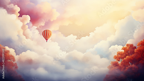 A balloon is flying about the sky among the clouds, a background postcard in watercolor style