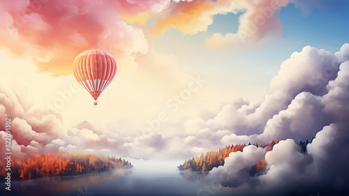 A balloon is flying about the sky among the clouds, a background postcard in watercolor style