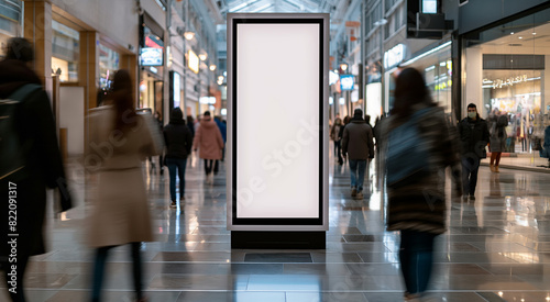 a blank modern digital signage screen in the middle of a busy shopping mall