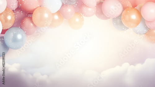 Colorful balloons, watercolor-style holiday greeting card background in pastel colors