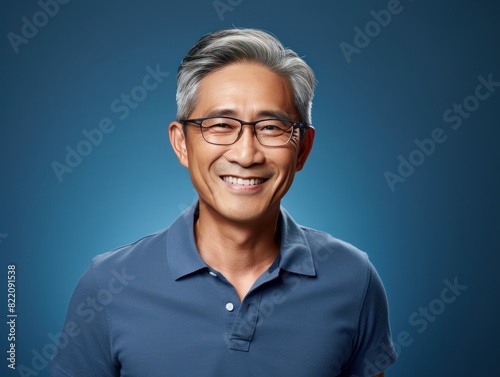 Navy Background Happy asian man. Portrait of older mid aged person beautiful Smiling boy good mood Isolated on Background ethnic diversity  © Zickert