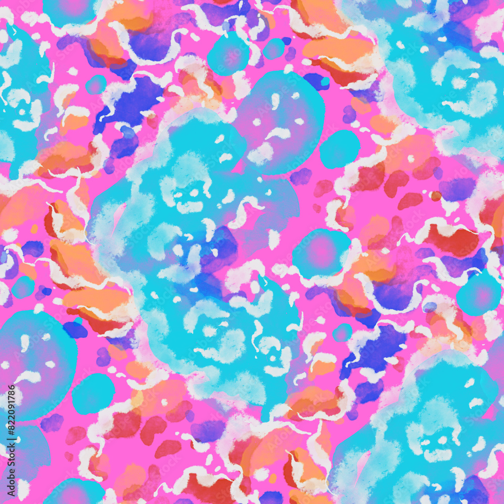 Watercolor seamless pattern with beautiful bright abstract elements and leopard spots. Colorful animalistic texture for any kind of a design. Contemporary art. Trendy modern style.	