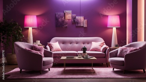 A living room with a purple sofa, two purple lamps, a coffee table, a pink lamp, and some plants. The walls are purple and the floor is white.