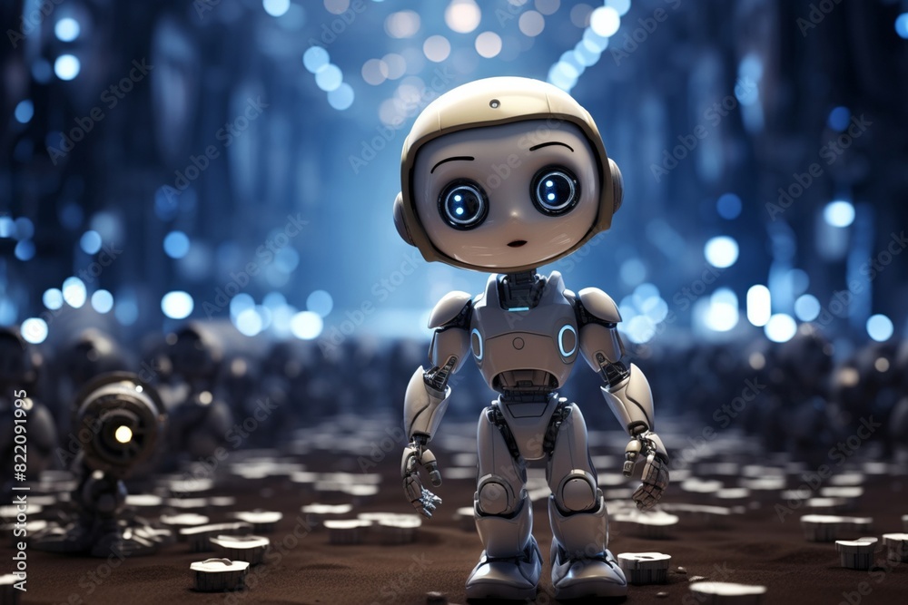 Cute and cheerful, this 3D rendering depicts a white robotic teen child toy, complete with a winning smile and engaging gestures. Cute and cheerful, this 3D rendering depicts a white robotic teen child toy, complete with a winning smile and engaging gestures.