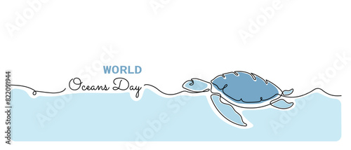 World Oceans Day minimal banner or poster with sea turtle swimming on water waves one line drawing. Vector illustration.