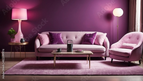 A living room with a purple sofa  two purple lamps  a coffee table  a pink lamp  and some plants. The walls are purple and the floor is white.  