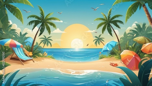 Sunset on summer beach background illustration. ocean sunset scenery. Colorful tropical beach landscape. Tropical Beach at Sunset with Palm Trees