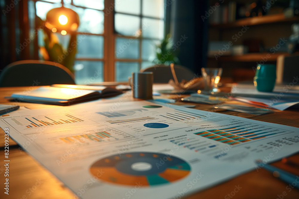 A warm and inviting office workspace with focused lighting, featuring financial charts and graphs spread across the desk. A warm and inviting office workspace with focused lighting, featuring financial charts and graphs spread across the desk.