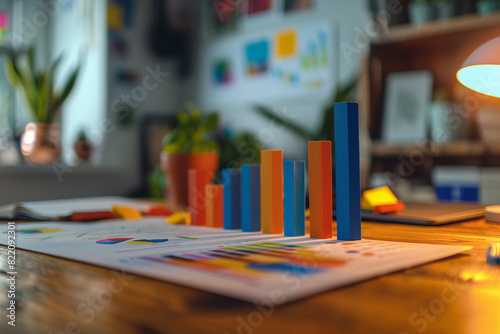 Vivid 3D bar graphs made of paper standing on a desk in a bright and lively creative office environment.