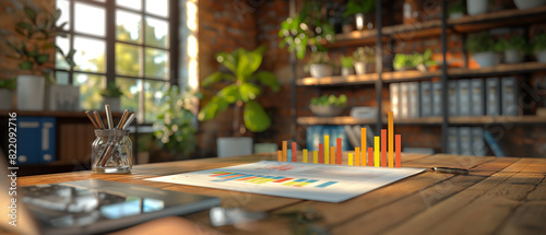 Vivid 3D bar graphs made of paper standing on a desk in a bright and lively creative office environment. © apichat