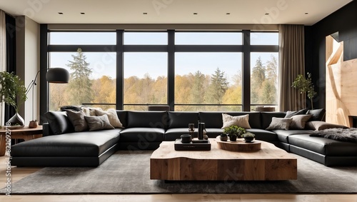 A modern living room with a large black leather sectional sofa, a wood coffee table, and a gray rug. There are 3 large windows in the background.