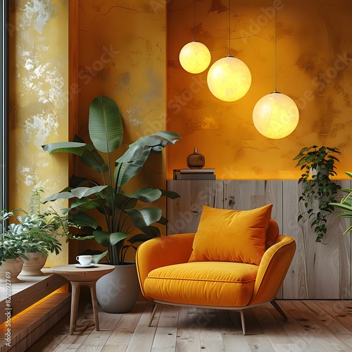 3D rendering of a modern interior design background mockup with a yellow wall and wooden floor, Minimal room