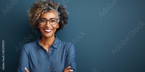 Navy Background Happy black american independant powerful Woman. Portrait of older mid aged person beautiful Smiling girl Isolated on Background ethnic diversity  photo