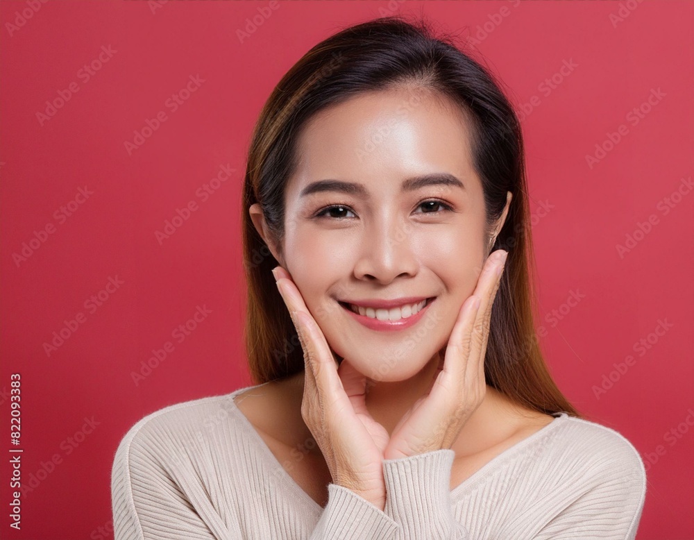 A Woman with 35 years old looking at the camera with excited facial expression in front of the red background A Woman with 35 years old looking at the camera with excited facial expression in front of the red background