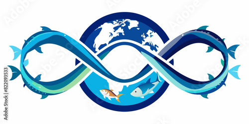 A vector graphic featuring an infinity loop with the Earth and marine life, symbolizing the everlasting nature of the oceans.