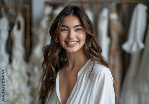 A smiling fashion model wearing a white shirt is standing in front of a row of in an elegant and glamorous style. She has dark brown hair with highlights in a long wavy hairstyle