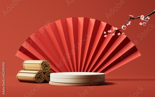 Red Chinese ancient fan background  3d rendering.