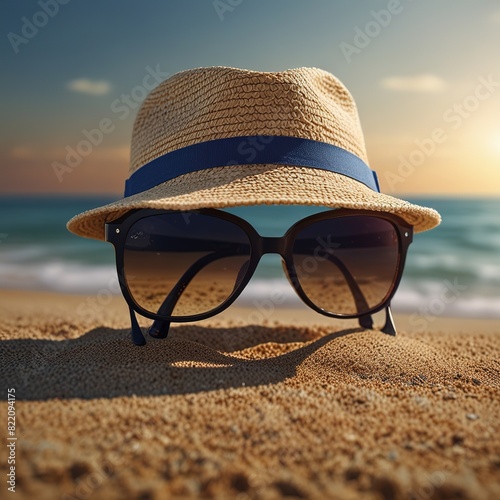 illustration of hat and glasses in beach background 